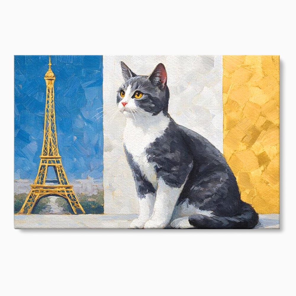 Tablou canvas cu tablou canvas cu pisica si turnul eiffel, fara rama, pe sasiu de lemn